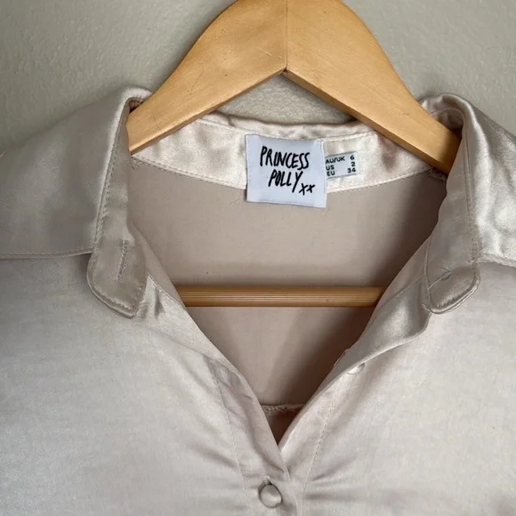 Princess Polly Cream Champagne Satin Blouse 2 - Picture 2 of 6